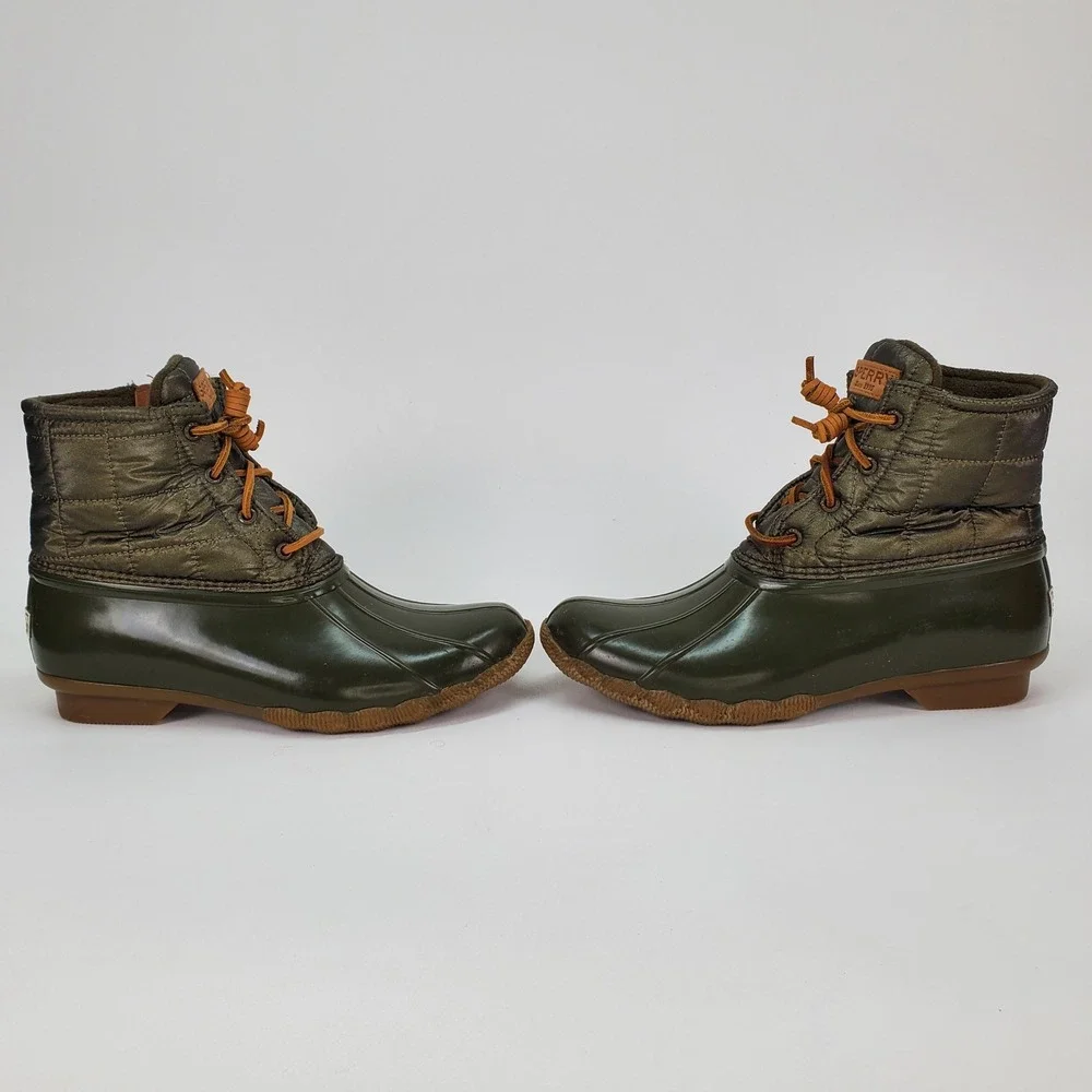 Sperry Saltwater Quilted Duck Boots‎ Olive Metallic Bronze STS80753 Womens 9.5 M
